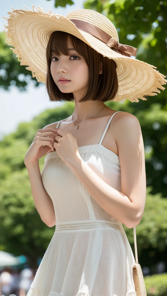 Ultra-high resolution, Superior Quality, Highest quality, Very detailed, Realistic, 8k, RAW Photos, Highest quality, masterpiece, Attractive girl, Awesome girl, Brown Hair, Shoulder-length layers, Asymmetrical bangs, K-POPアイドル, Sophisticated, stylish, White dress、Straw hat、Shibuya Ward, Short Hair、Park Background