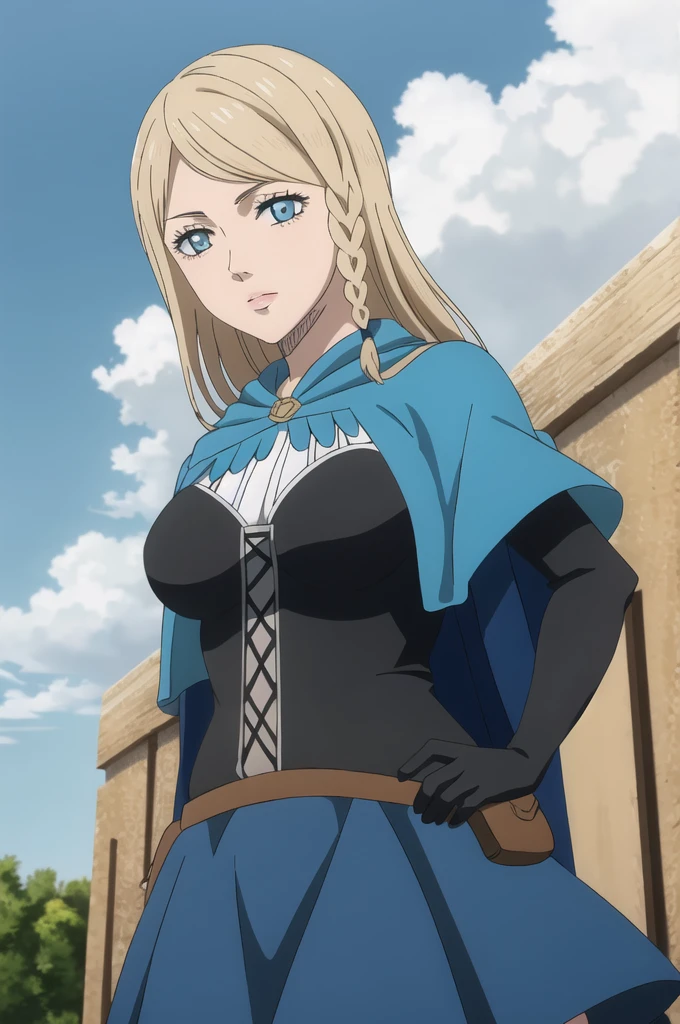 ((best quality)),((highly detailed)),masterpiece,absurdres,detailed face,beautiful face,(detailed eyes, deep eyes),1girl,((dynamic pose)),  Charlotte, solo, blonde hair, braid, blue eyes, long hair, cape, sky, cloud, breasts, corset, belt, day, pouch, skirt, side braid, medium breasts, capelet, large breasts, lips, blue cape, gloves, dress, outdoors, cowboy shot, pregnant belly