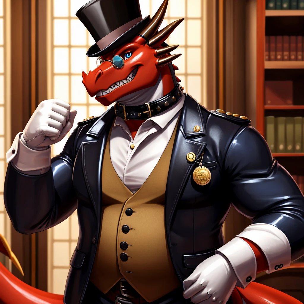 Male, fat, extremely obese, gentleman, dapper Professor Dragon, blue eyes, (posing:1.3), (soft shading), 4k, hi res, ((detailed face, detailed)), looking at viewer, mouth wide open, steampunk, dapper clothing, collared shirt with buttons, top hat, male focus, Explorer Outfit, glasses, monocle, vest with buttons, sleeves rolled up, round eyewear, brown headwear, brown vest, office, Dragon is wearing a glossy leather dog collar around the neck, Dragon is wearing the leather collar and shirt and vest at the same time, Dragon is wearing glossy white rubber gloves on the hands, wearing white rubber gloves on the feet, gloves are rubber in texture, clenching teeth, clenching fists, leather collar is glossy and shiny with a lot of detail, Dragon is wearing gloves and leather collar at the same time, leather collar has a round dog-tag, leather collar is thick and detailed, leather collar is glossy and shiny, fancy clothing, dapper vest, dapper shirt, leather collar is thick, glossy leather collar, Dragon is getting dressed in his dapper vest and dapper leather collar.
