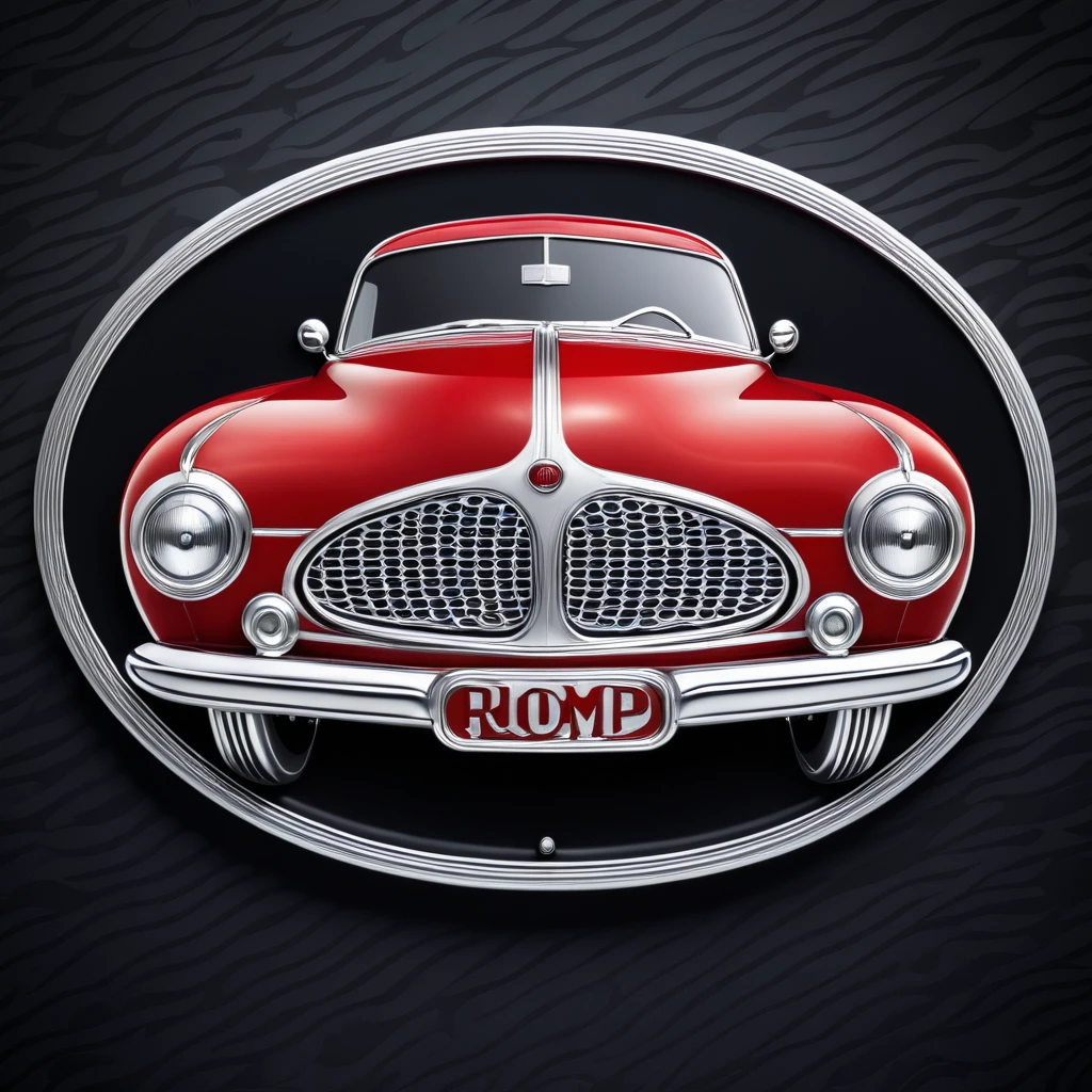 Emblem in the shape of a retro automobile, bright red and silver, silver front with bumps, oval plate, pattern on black background.