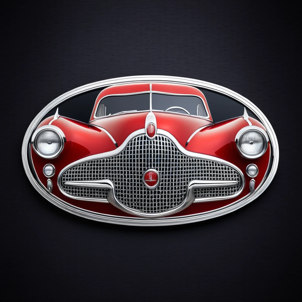 Emblem in the shape of a retro automobile, bright red and silver, silver front with bumps, oval plate, pattern on black background.