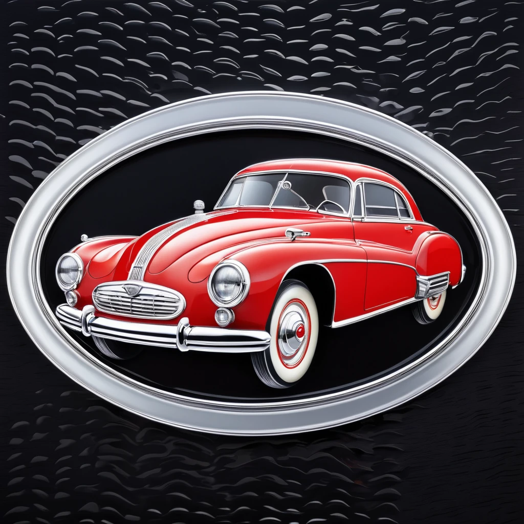 Emblem in the shape of a retro automobile, bright red and silver, silver front with bumps, oval plate, pattern on black background.