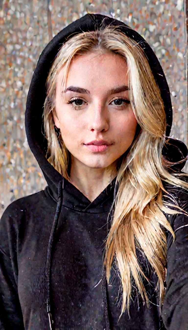 front view, selfie picture of a blonde girl in her 20s, emotionless, wearing black hoodie