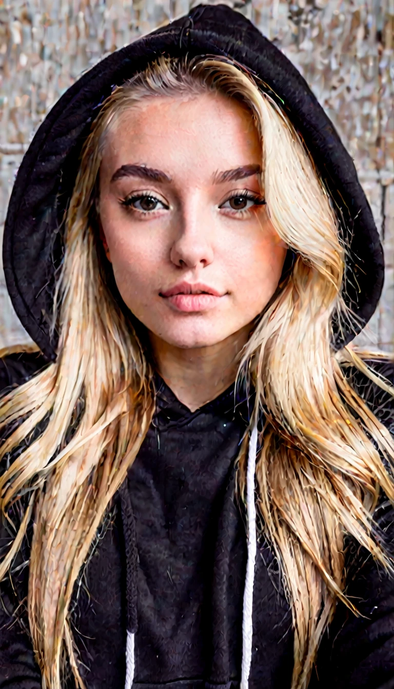 front view, selfie picture of a blonde girl in her 20s, emotionless, wearing black hoodie