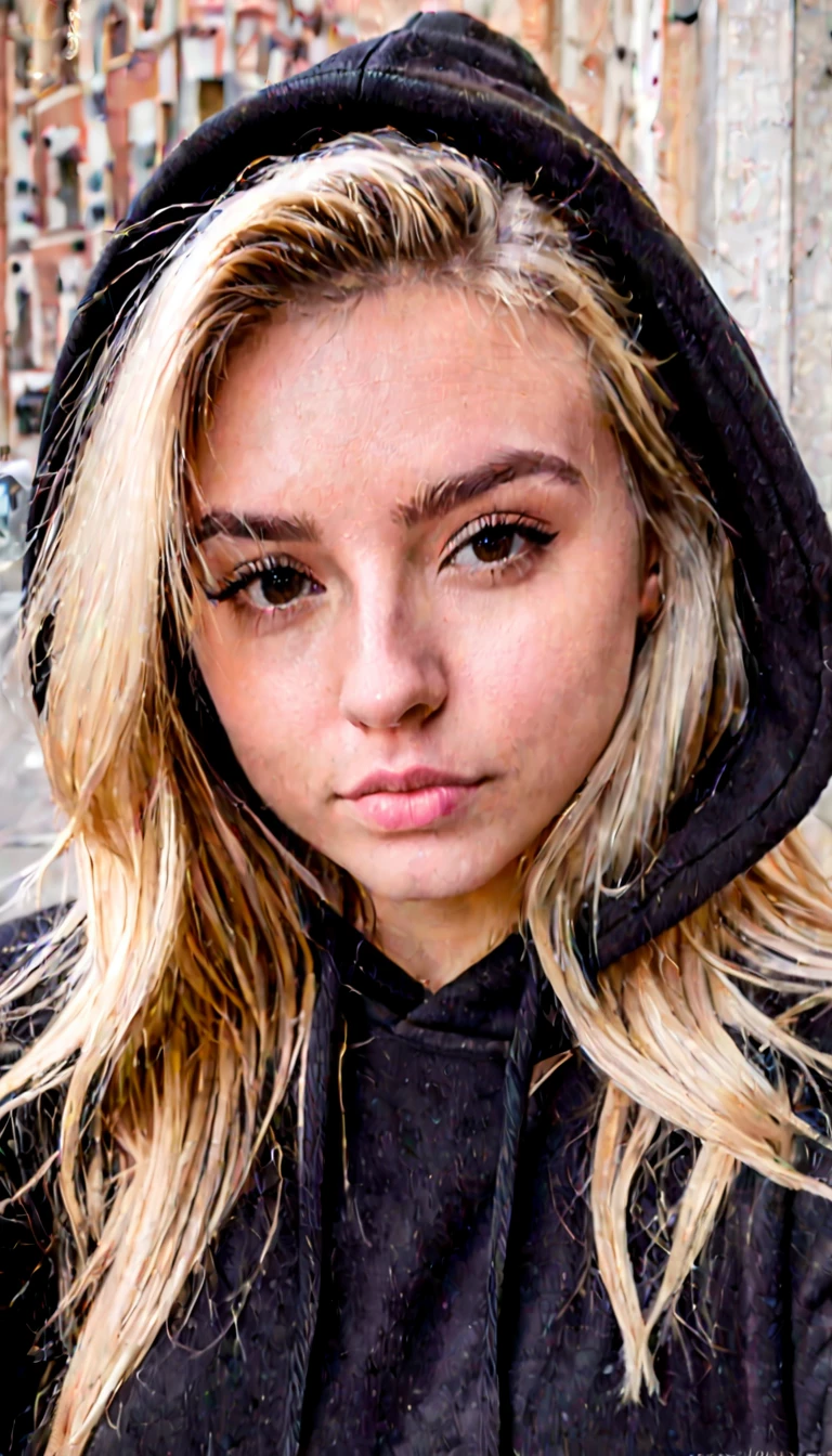 front view, selfie picture of a blonde girl in her 20s, emotionless, wearing black hoodie