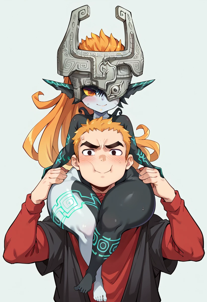 score_9, score_8_up, score_7_up, source_anime, full body,scissorhold, leg lock, crouching ,on shoulders, shoulder carry,crossed legs,athletic body, 1girl ,1boy, girl,mesugaki, midna,minigirl, two-tone skin, multicolored skin, one eye covered, colored sclera, helmet, wide hips, yellow sclera, colored skin, ponytail, orange hair, long hair, red eyes, pointy ears, 1girl, midnaSDXL,smile, full blush,sweat,1man,adult man,larger male,extreme size difference(masterpiece), best quality, expressive eyes, perfect face,dynamic pose, Expressiveh, shoulder carry, on shoulders, carrying