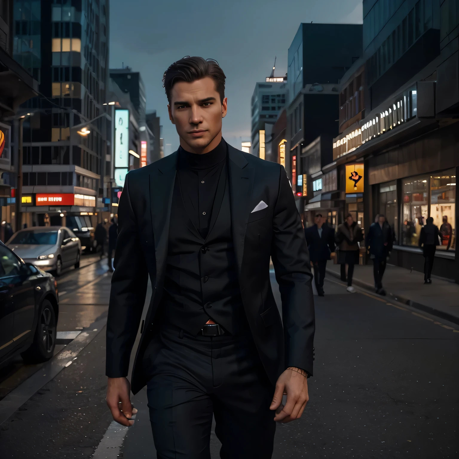 "Generate a visually stunning and high-quality book cover image that features a handsome and irresistibly sexy man wearing a sleek suit, showcasing his face and torso with extraordinary levels of realism. Position the charismatic character in the foreground to captivate attention. In the background, create a dynamic cityscape filled with intricate buildings and skyscrapers, ensuring advanced levels of detail. Infuse the scene with a cinematic style, emphasizing the allure and sophistication of both the main character and the urban environment. Strive for maximum quality to produce an image that seamlessly blends the attractiveness of the man with the bustling energy of the city, creating an enticing and memorable book cover."