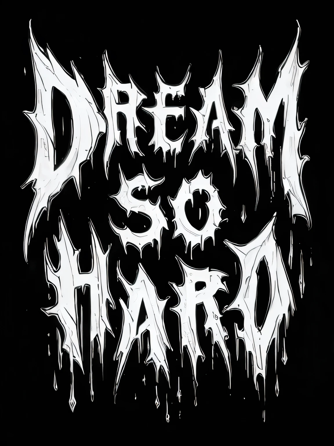 Fascinating monochrome illustration of a death metal band "Dreams are so hard" A symbol of great power. sharpest, The angular letters are carefully crafted, Adding melting elements, The gothic spine draws attention to the band's name,It also gives off a dark and sinister vibe.. The raw energy and darkness typical of the death metal genre is evident, Create a strong visual impact,Resonate with fans of the genre., typographic