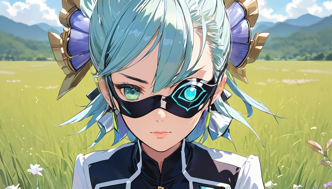 Mikumari \(Xenoblade\)masterpiece, Highest quality, ((1 person)),Blue Hair,Green Eyes,Serious expression, smile,Upper Body,Line art,Medium Hair,White blazer,Black T-shirt,Big Breasts,Bunhead,Black Mask, Expressionless blue eyes,((Kubo Obito Style)) Detailed face, Face Focus, Are standing, Black Hair,(hair ornaments:1.35),office lady, Sleeves edged with ribbon, Removable sleeves, Ribbon trim, Wide sleeves, (View your audience:1.5) Long Hair, iris, bangs, lips,smile,grassland