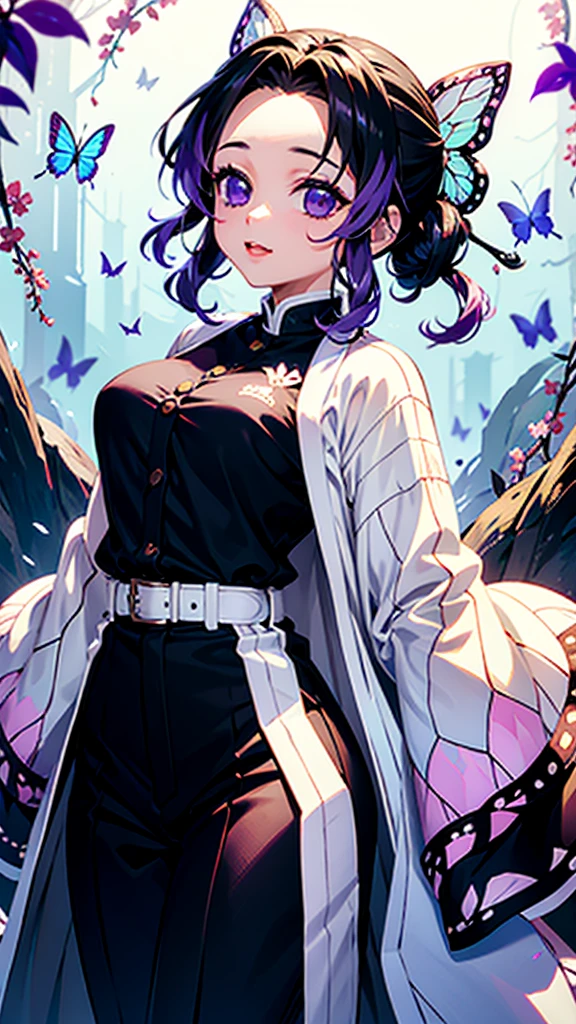 shinobu, 1girl, solo, looking at viewer, smile, short hair, black hair, hair ornament, long sleeves, holding, medium breasts, closed mouth, standing, purple eyes, jacket, purple hair, flower, cowboy shot, japanese clothes, belt, pants, sword, wide sleeves, uniform, black jacket, parted bangs, black pants, bug, animal print, butterfly, buckle, belt buckle, one eye covered, butterfly hair ornament, haori, white belt, blue butterfly, demon slayer uniform, butterfly print, wisteria, masterpiece, 