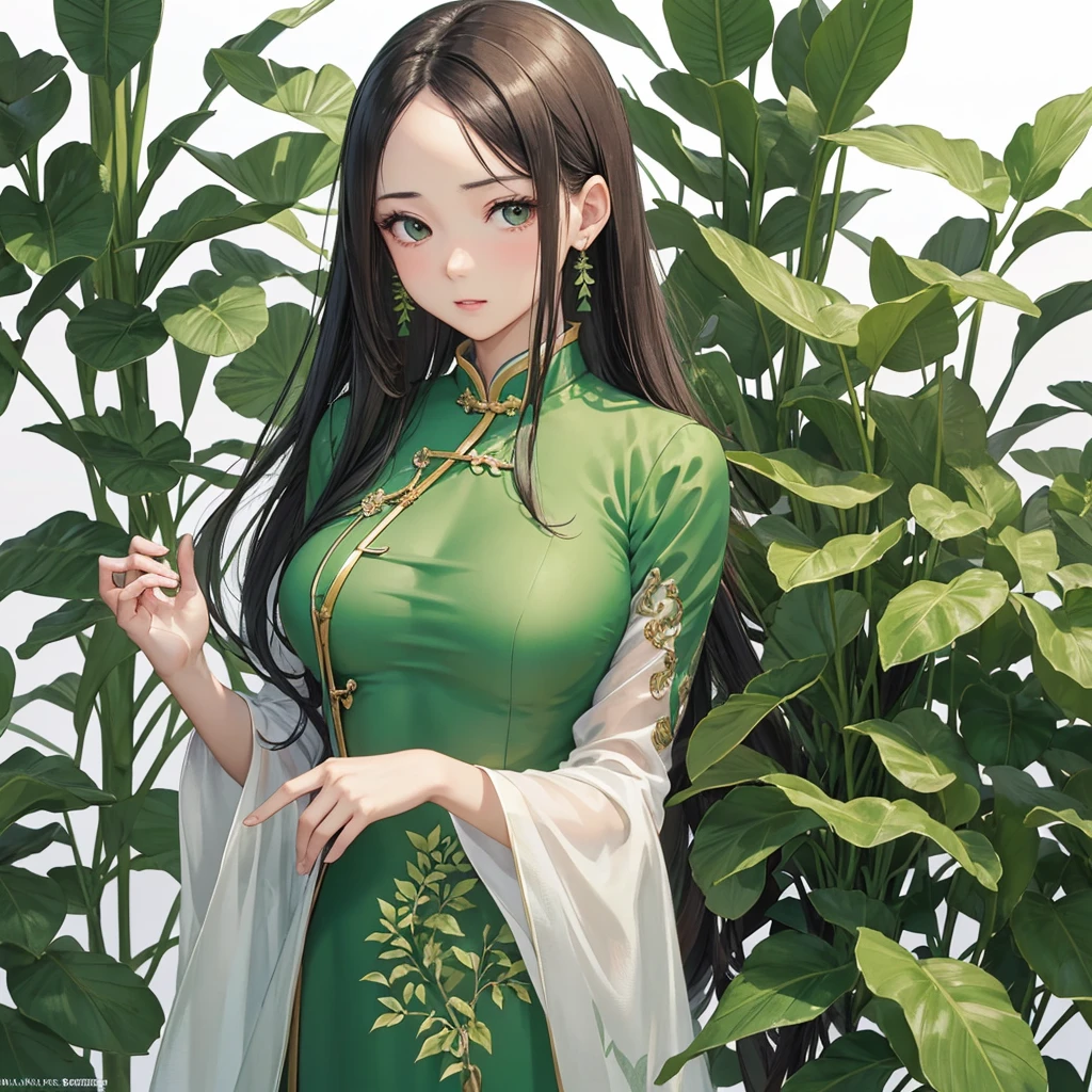 ((RAW Photos)), ((masterpiece)), (Young woman wearing green ao dai with plant image:1.2), Full Body,Intricate details, View your viewers, Complex game character depiction, beautiful, Fine eyes and lips,(Detailed depiction of the hands:1.2),Large Breasts,White background,Fantasy,Perfect Face, (1 girl:1.2),Shiny, clear, big eyes,輝くbeautiful前髪,shy