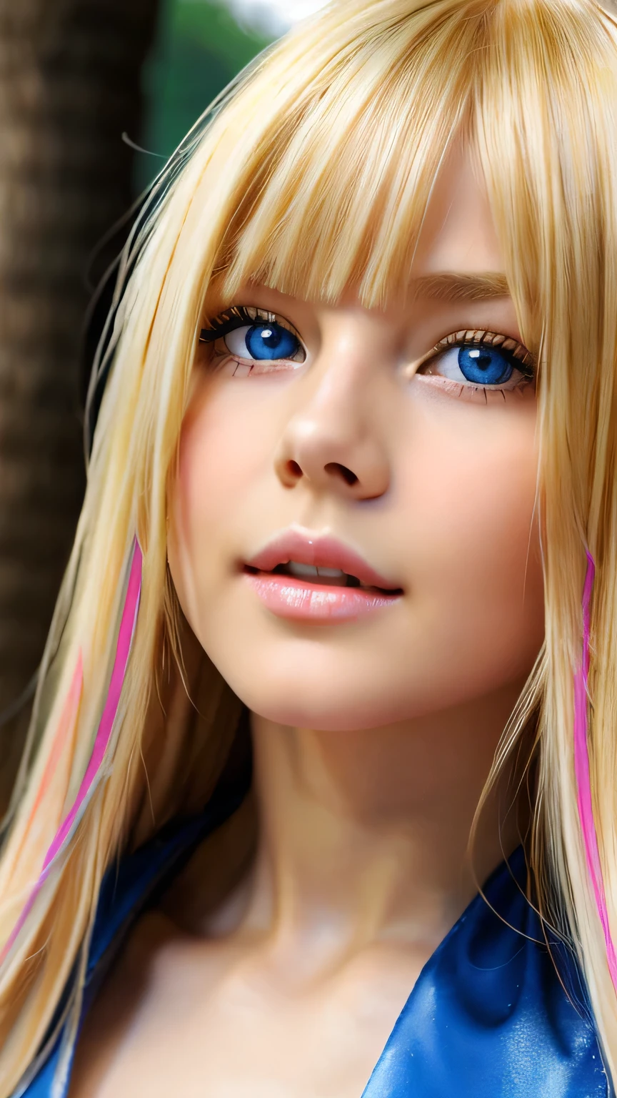 (Close-up:1.4)、(RAW shooting:1.2)、(Photorealistic:1.4)、(masterpiece:1.3)、(Highest quality:1.4)、Bright expression、Very cute beautiful blonde girl、Extraordinary blonde beauty、Cute and beautiful face details、Beautiful blonde bangs、Radiant, fair, glowing skin、Blonde hair on face、Blonde bangs that reach down to the face、Blonde bangs between the eyes、Super long blonde hair、Beautiful platinum blonde, super long, straight, silky hair、Thin blonde hair、Big, bright, light blue eyes that shine beautifully、one piece、eyeliner、double eyelid、Ample Bust、Upper Body、