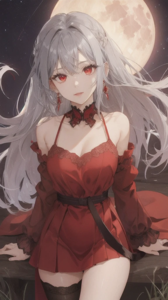 (Highest quality,Very detailed,High resolution:1.2),One Girl,Gray Hair,The most beautiful girl in human history,暗い red eyes (暗いred eyes:1.1),さみし気な aura(aura:1.1), (Elaborate,wonderful) Earrings,D cup breasts,Small Ass,Elongated beautiful legs、Cape、Black Stockings,girdle,mini skirt,Red camisole,A big full moon shines in the dark night sky