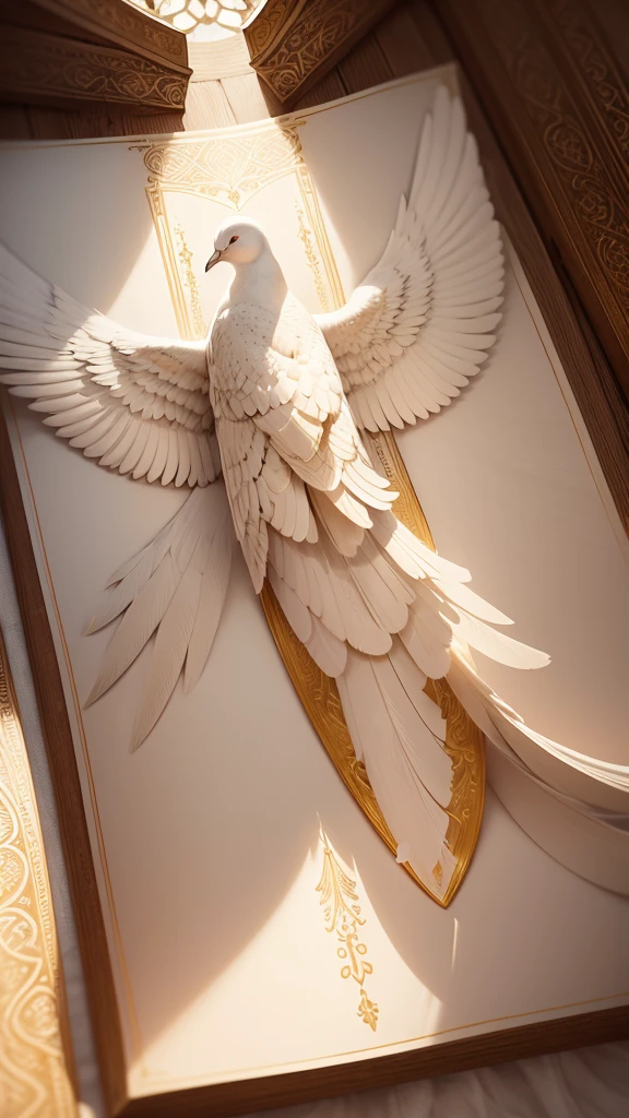 A majestic, illuminated dove with snowy white feathers and a gentle, serene expression soars above an open Bible, its wings outstretched, as if carrying the sacred scriptures. The Holy Spirit is symbolized by a soft, ethereal glow emanating from the dove's body, radiating divine light onto the pages of the Bible. The Bible itself is ornate, with golden accents and intricate filigree adorning the cover, lying open to a passage with elegant, cursive script. The background is a warm, creamy beige, evoking a sense of reverence and timeless wisdom. The overall atmosphere is one of peace, contemplation, and spiritual enlightenment, with the dove's gentle flight conveying the gentle guidance of the Holy Spirit. The image is bathed in a soft, warm light, with subtle shading and textures that evoke a sense of depth and dimensionality.