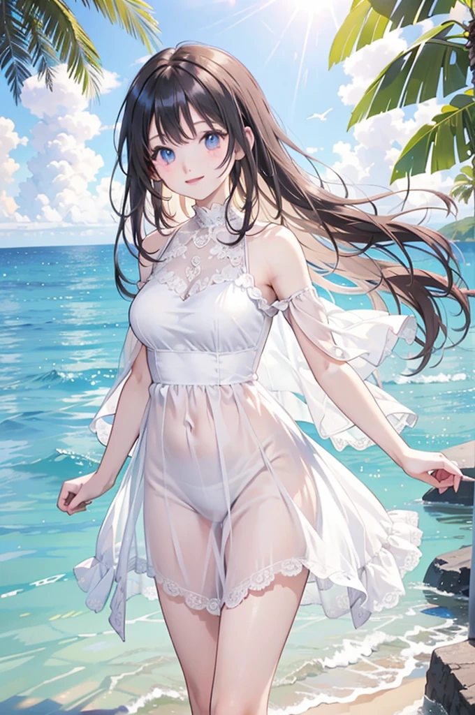 beautiful girl, large sparkling eyes, smiling, white lace gothloli dress, standing in ocean, summer, clear blue sky, crystal clear water, flowing long smooth hair, gentle breeze, soft lighting, sun shining, 2.5D illustration, highly detailed, award-winning artwork, serene, peaceful, ethereal