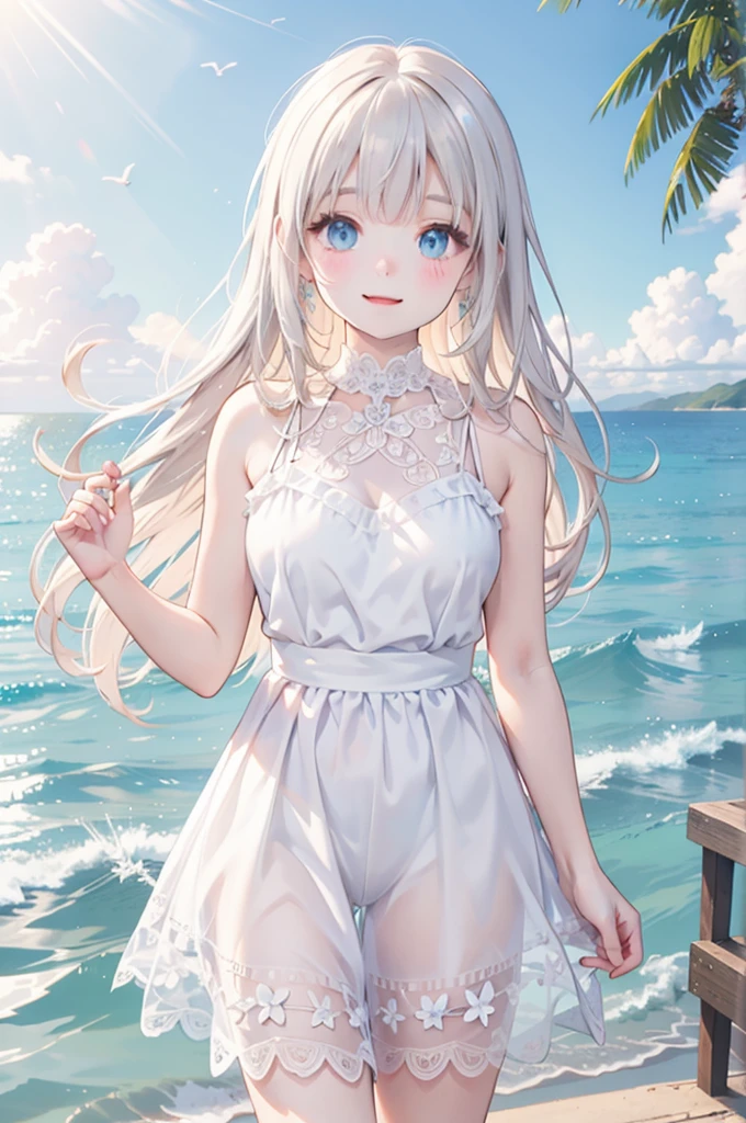 beautiful girl, large sparkling eyes, smiling, white lace gothloli dress, standing in ocean, summer, clear blue sky, crystal clear water, flowing long smooth hair, gentle breeze, soft lighting, sun shining, 2.5D illustration, highly detailed, award-winning artwork, serene, peaceful, ethereal