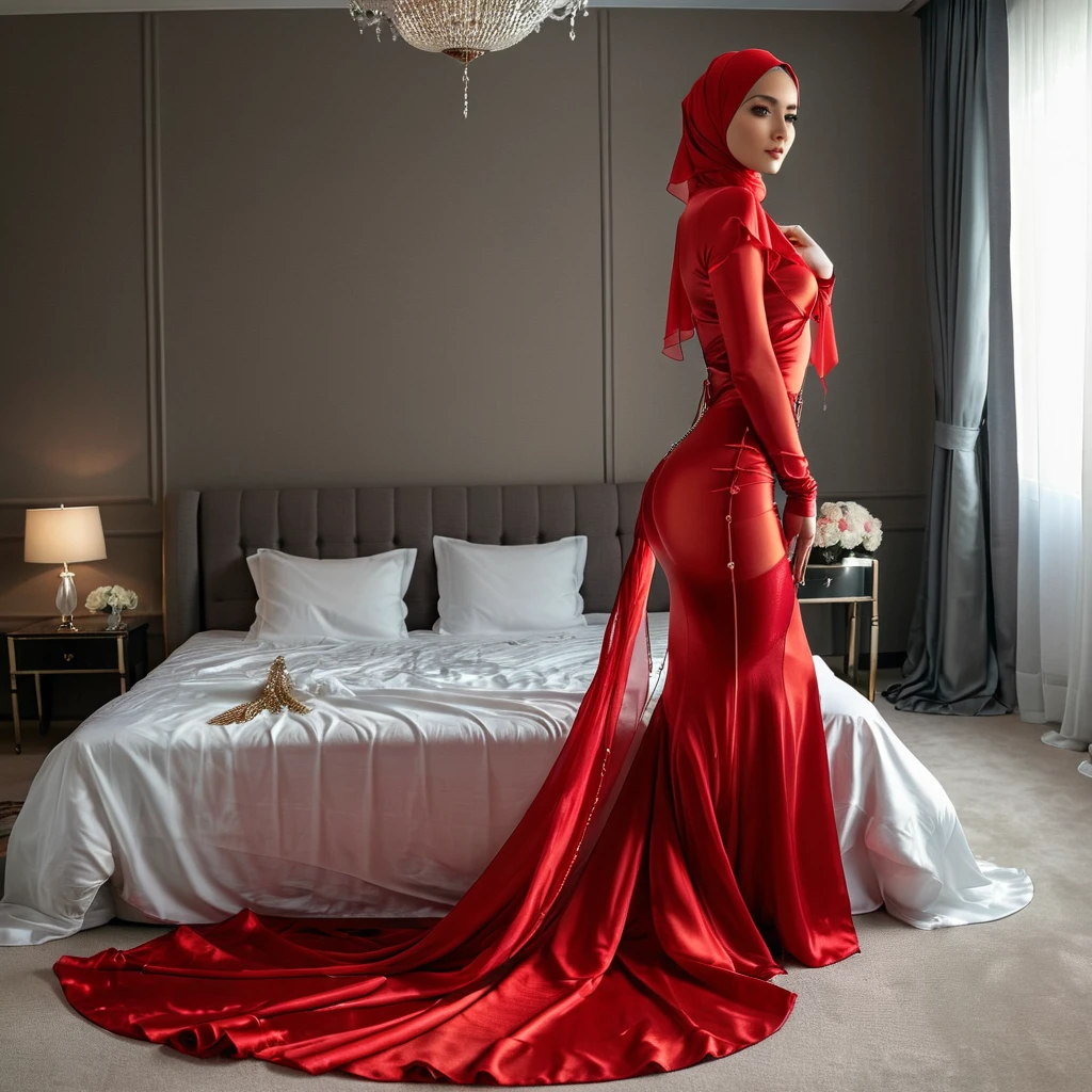 a woman in the translucent silk red gown, tight full body tied, satin sheet, nipple on with nipple piercing, wear modern hijab, full body, long satin,mermaid tight long gown, flowy dramatic long gown, tall women, satin bed, strugle to walk, wear high heels, , masterpice 