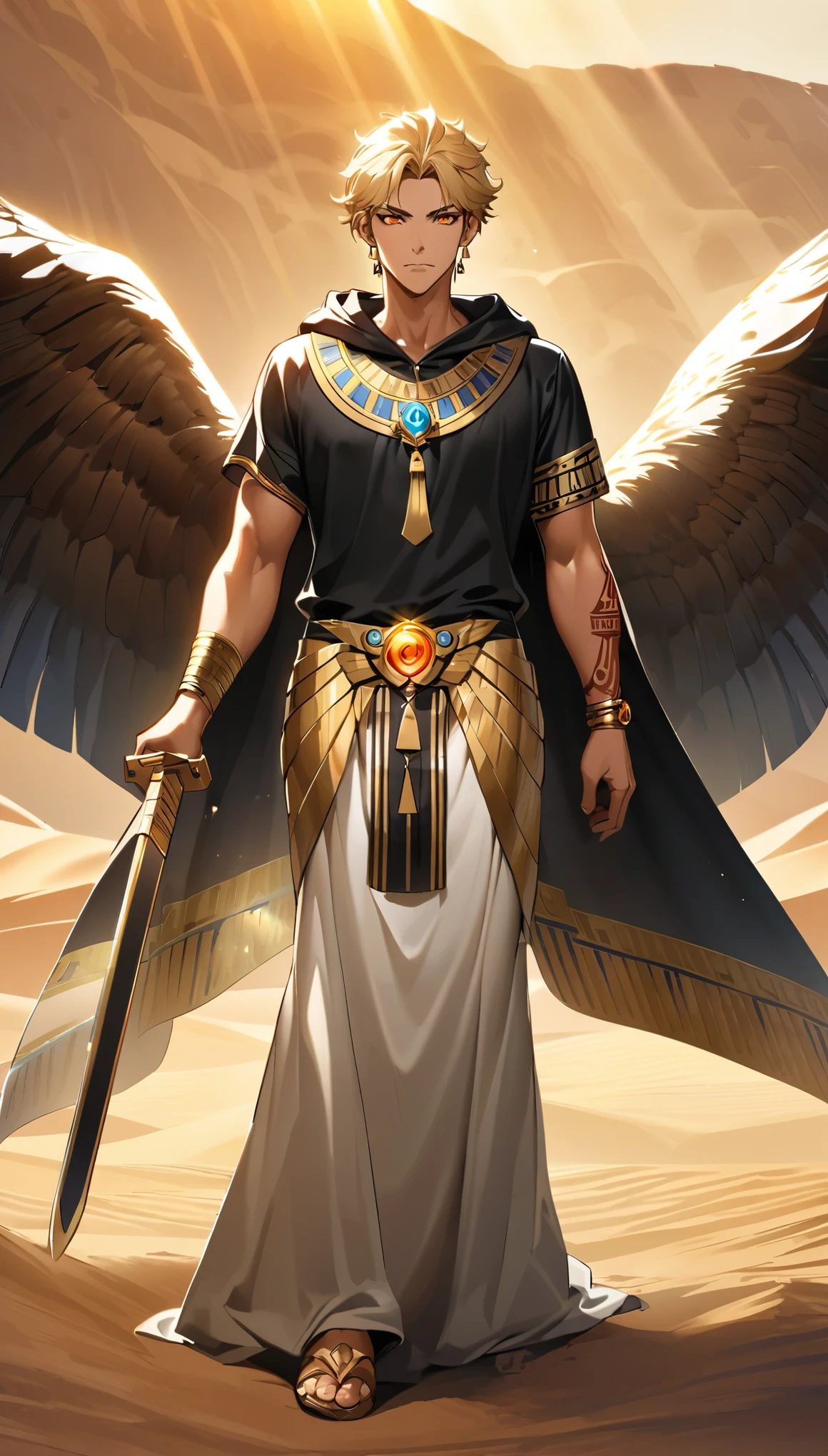 Desert Background,Handsome young man, blond, Orange Eyes, short hair, Black Hoodie,high quality, Draw Amount, pixiv illustrations,Tanned skin,Red tattoo on the arm,(Egyptian style,Egyptian Dress Up),sword,earrings,Sunlight,((Vision)),huge eagle,full-body shot