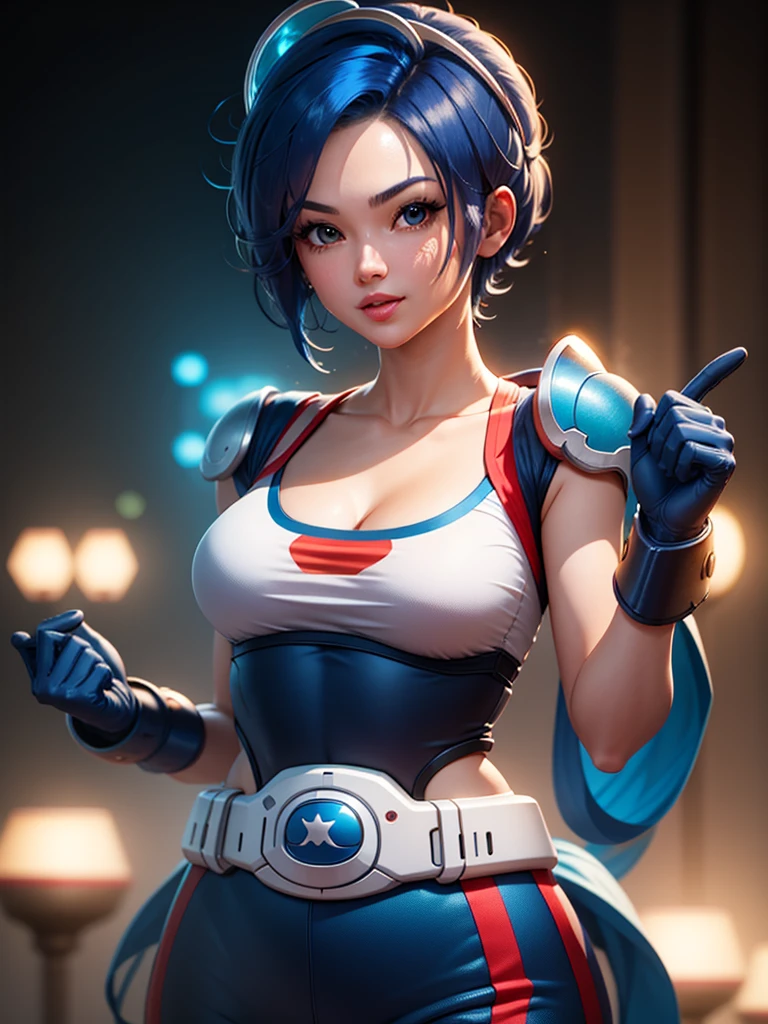 (at night), in a video game scene a background of a beautiful city during the day raining, standing at attention, semi-short blue hair, blouse with an anime frog face, white flared pants, wears blue exercise gloves, has round goggles on her head, WEARS a RED scarf around her neck, huge belt with a round shawl, ((blue hair)), 1 girl, alone, 20 years old, young woman, perfect hands, beautiful fingers, beautiful long legs, beautiful body , beautiful nose, beautiful character design, perfect face, looking at the viewer with serious gesture (focusing on his face), closed mouth, Light_Smile, official art, extremely detailed CG unity 8k wallpaper, perfect lighting, bright and colorful front lighting , shiny skin (masterpiece: 1.0), (best_quality: 1.0), ultra-high resolution, 4K, ultra-detailed photography, 8K, HDR, high resolution, nonsense:1.2, Kodak portra 400, film grain, blurred background, bokeh: 1.2, lens flare, (vibrant_color:1.2), professional photography, (beautiful_face: 1.5), (narrow waist),
