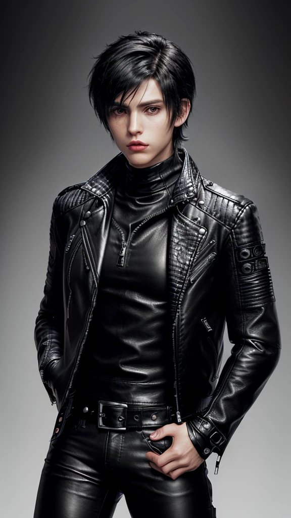Final fantasy taste and reality graphics, ((Japanese young cute and cool ikemen boy)), his age is early 20s, thin eyebrows and beady eyes, ((he wearing black color leather thick and heavy material jacket)), ((jacket is single brest)), ((biker style jacket)), ((jacket is large size)),((with epaulet)), ((jacket is long sleeve)), ((zipped front of the leather jacket)), , ((voluminous leather jacket)), ,((must jacket is high length and stand-up collar)) ((jacket collar with two belts)), ((jacket is a little black color line pattern)), ((also wearing black thick material turtleneck lackluster shirts)), ((tight black leather pants)), ((put black leather tight and thin glove on both hands)), ((black leather glove)),((black leather knee-high raceup boots)),((must views head-to-toe)),((must views whole body)), ,((Do not show skin from the neck down)),leather jacket leather glove and leather pants have few wrinkles, Avoid showing your innerwear,zip up jacket fastner.((must put on a leather glove)).
Boy is black hair.boy looks like fashion model.
Boy in the dim room.