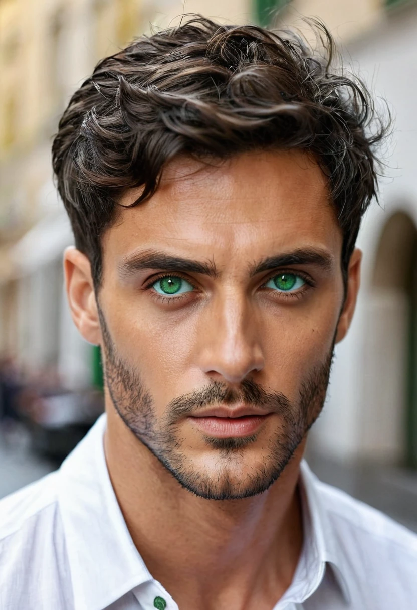 perfect italian man, Short hairstyles , dark green eyes, focus on the character's face, blue wall background with egyptian tattoos, shirtless and white calvin klein underwear