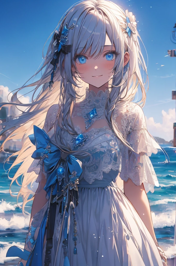 RAW Photos, Realistic, Ultra-realistic, beautiful girl, large sparkling eyes, smiling, white lace gothloli dress, standing in ocean, summer, clear blue sky, crystal clear water, flowing long smooth hair, gentle breeze, soft lighting, sun shining, 2.5D illustration, highly detailed, award-winning artwork, serene, peaceful, ethereal, Highest quality, masterpiece, Ultra-high resolution, 8K