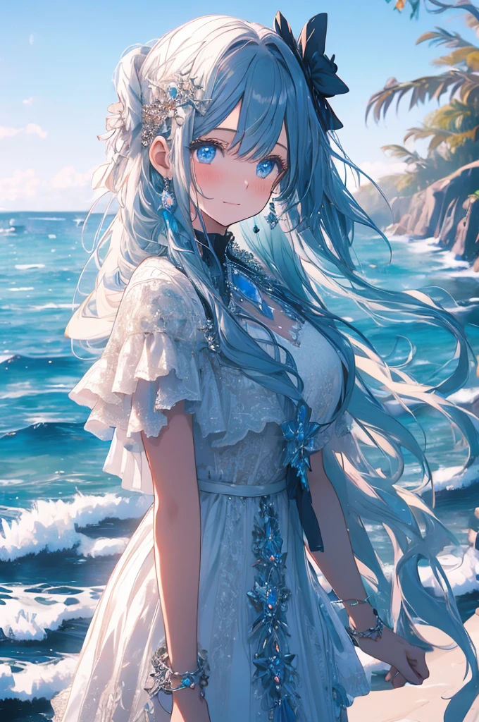 RAW Photos, Realistic, Ultra-realistic, beautiful girl, large sparkling eyes, smiling, white lace gothloli dress, standing in ocean, summer, clear blue sky, crystal clear water, flowing long smooth hair, gentle breeze, soft lighting, sun shining, 2.5D illustration, highly detailed, award-winning artwork, serene, peaceful, ethereal, Highest quality, masterpiece, Ultra-high resolution, 8K
