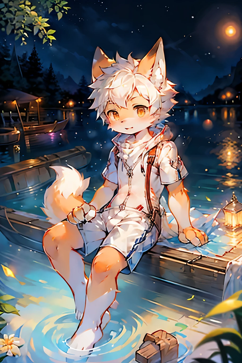 Lake bright background，Fox Boy，Furry boys，In and chilracteristics，Orange Skin，White hair，White Arm，Brave Suit，shorts，boating