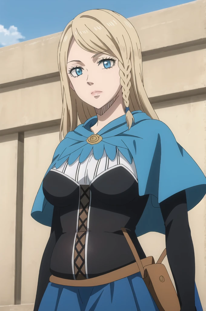 ((best quality)),((highly detailed)),masterpiece,absurdres,detailed face,beautiful face,(detailed eyes, deep eyes),1girl,((dynamic pose)),  Charlotte, solo, blonde hair, braid, blue eyes, long hair, cape, sky, cloud, breasts, corset, belt, day, pouch, skirt, side braid, medium breasts, capelet, large breasts, lips, blue cape, gloves, dress, outdoors, cowboy shot, pregnant belly, 9 months