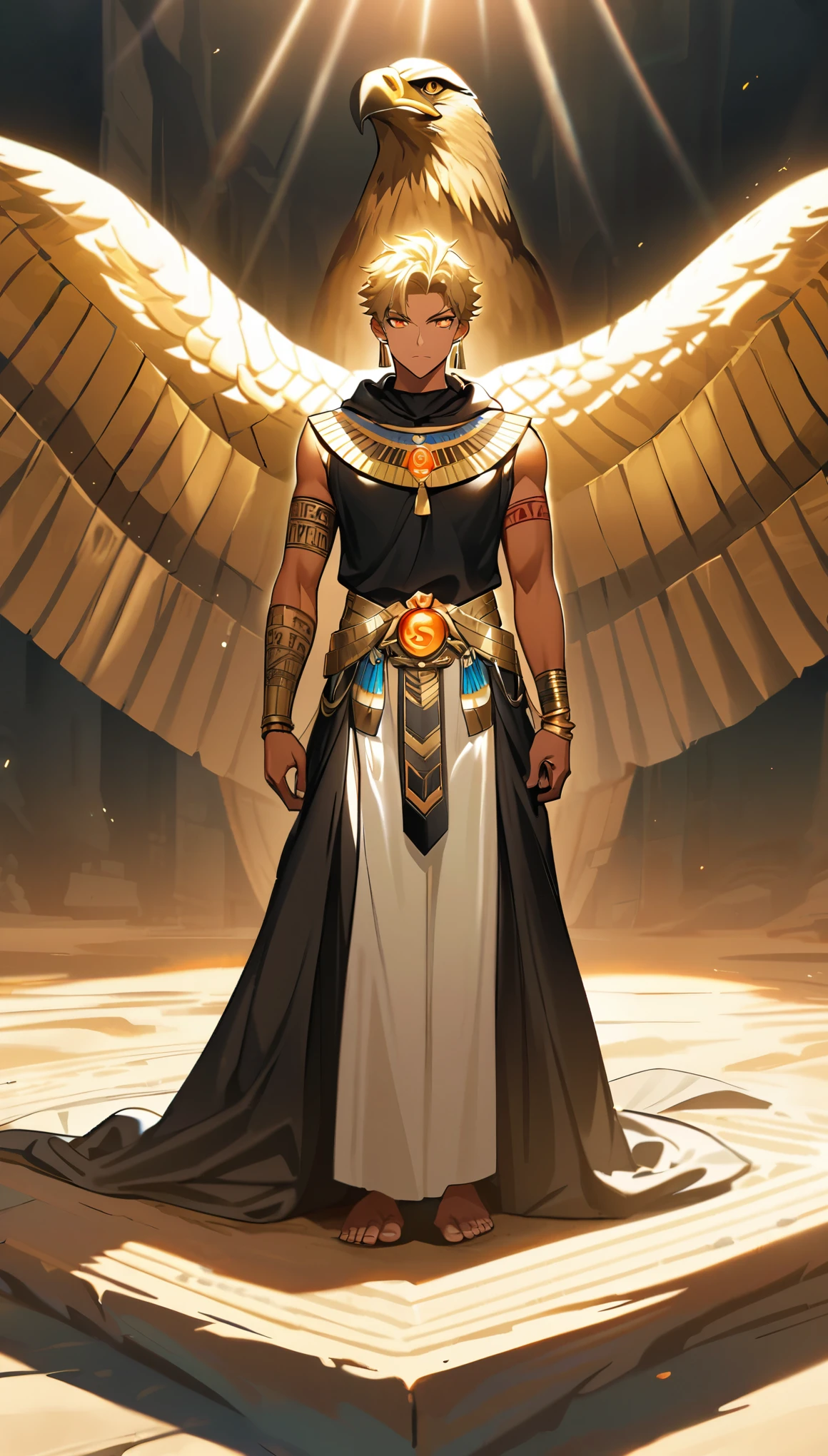 Desert Background，Handsome young man, blond, Orange Eyes, short hair, Black Hoodie,high quality, Draw Amount, pixiv illustrations，Tanned skin，Red tattoo on the arm，(Egyptian style，Egyptian Dress Up)，sword，earrings，Sunlight，((Vision)),huge eagle，full-body shot