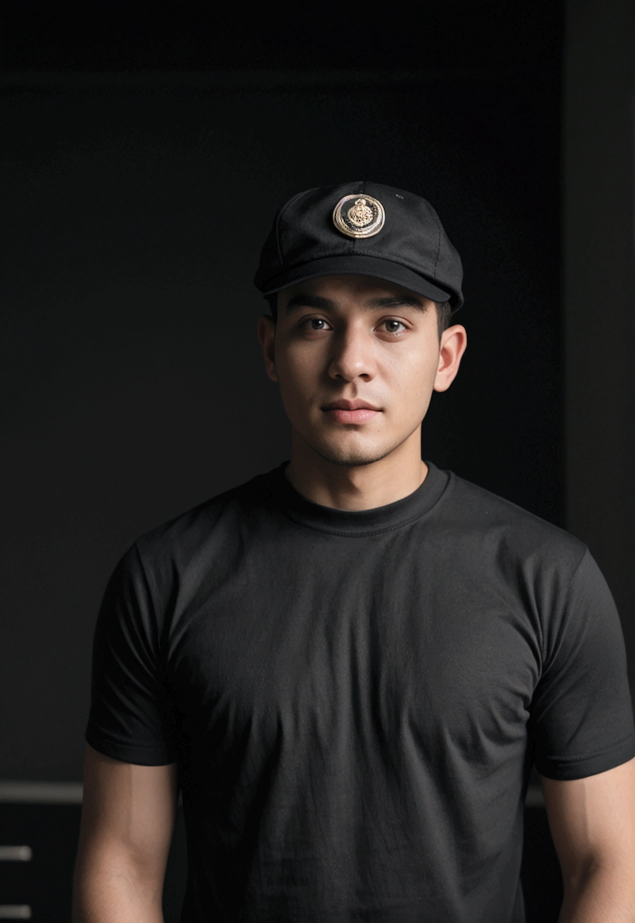 A 28 year old young man, wearing a black t-shirt tight to the body, super realistico, cinematic effect, short hair in military haircut style with entries, wearing a curved brim cap with the letter S, background with dark environment, good lighting as if it were a scene from a movie, 8k, ultra realisitic, sharp.