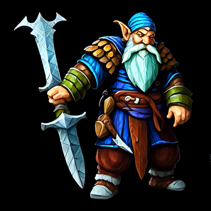 Un gnomo bárbaro con una great sword gigantesca., two handed sword, Furious gnome, great sword, battle position, gnome carrying sword, struggling , carrying sword, without armor 