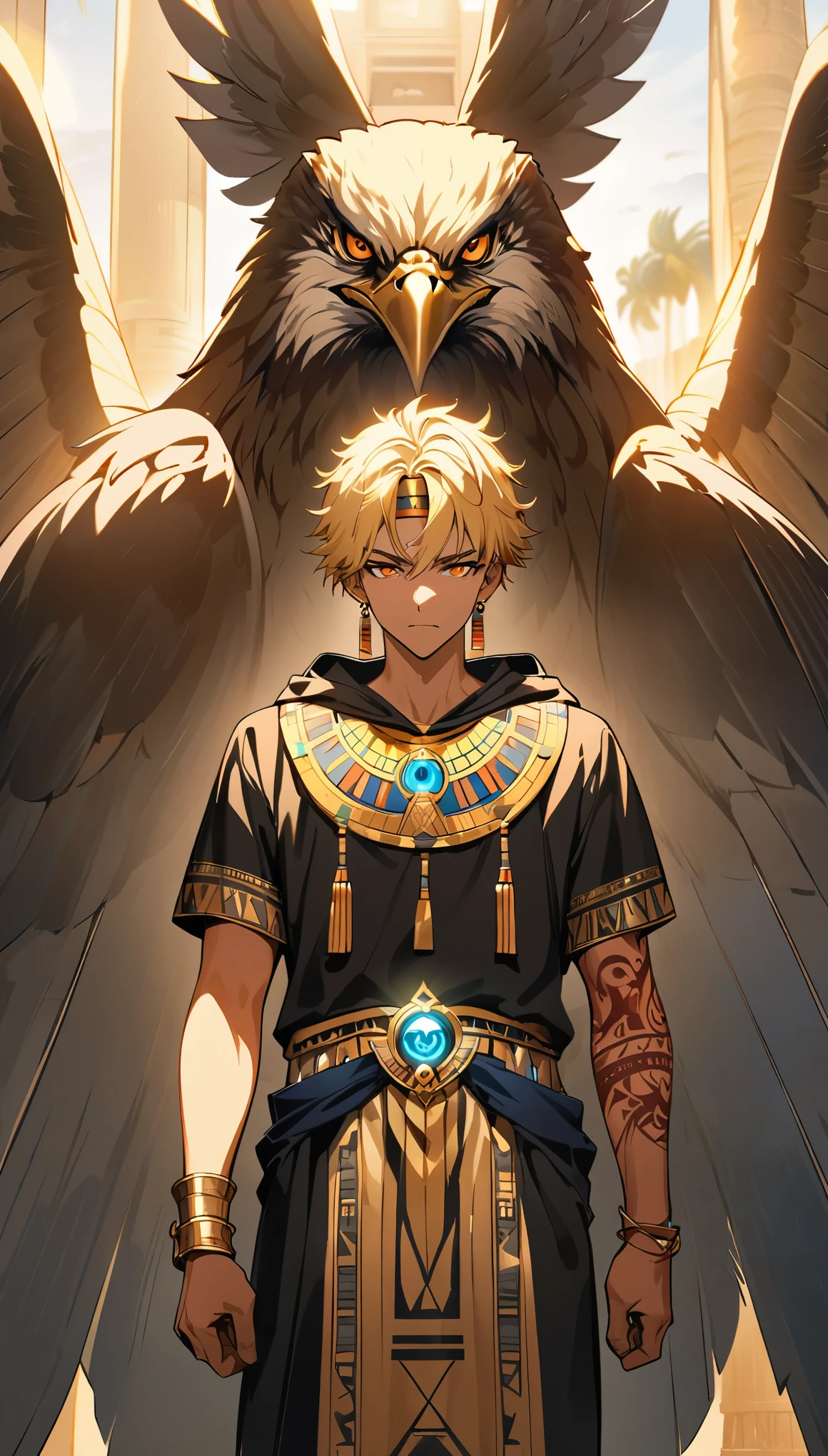 Desert Background,Handsome young man, blond, Orange Eyes, short hair, Black Hoodie,high quality, Draw Amount, pixiv illustrations,Tanned skin,Red tattoo on the arm,(Egyptian style,Egyptian Dress Up),sword,earrings,Sunlight,((Vision)),huge eagle,full-body shot