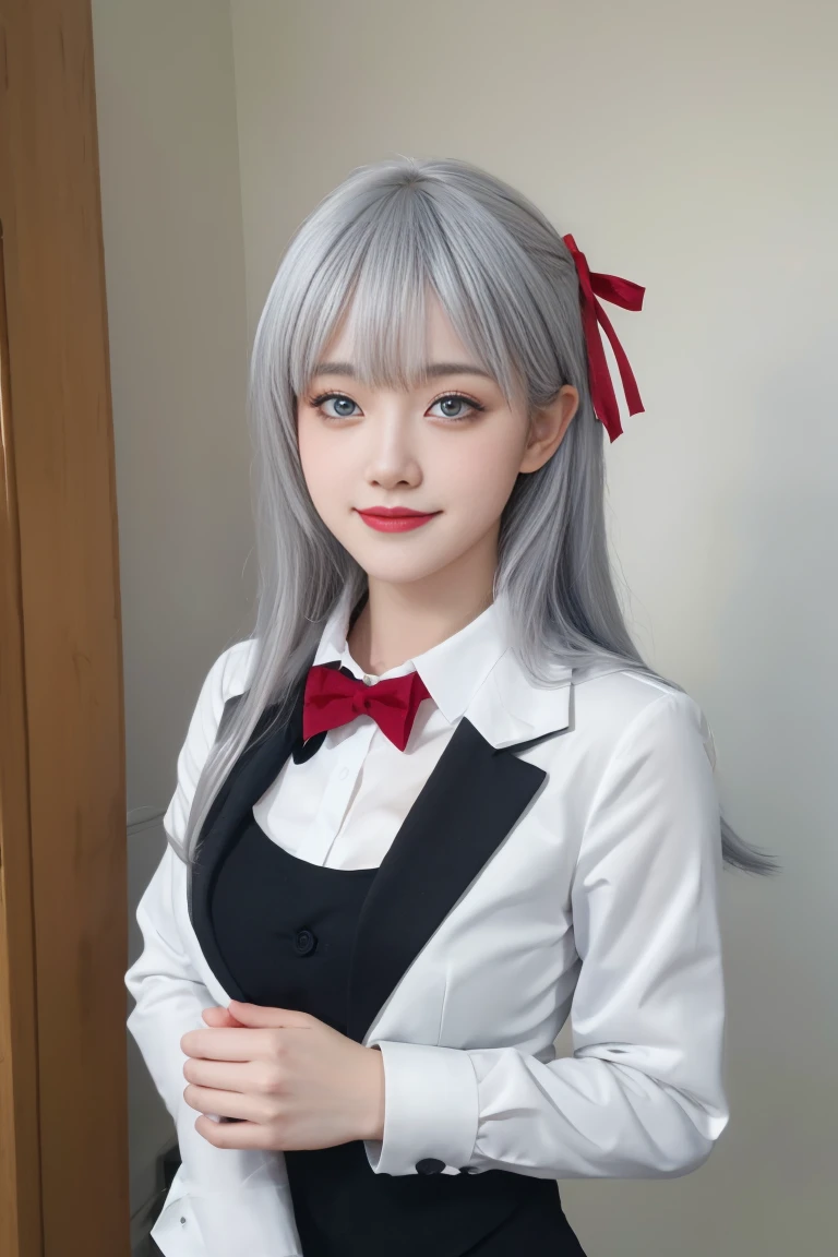 ulzzang-6500-v1.1,(raw photo:1.2),((photorealistic:1.30)), ((best quality)) ,((masterpiece)),((Ultra High Resolution)), ((Clear View)),,Ultra-high resolution,Clear face,(Reality:1.4) , illustration, an extremely delicate and beautiful, extremely detailed ,CG ,unity ,8k wallpaper, Amazing, finely detail, masterpiece,best quality,official art,extremely detailed CG unity 8k wallpaper,absurdres, incredibly absurdres, huge filesize, ultra-detailed, highres, extremely detailed,beautiful detailed girl, extremely detailed eyes and face, beautiful detailed eyes,light on face,cinematic lighting, 1girl, 独奏, bangs, alya(roshidere), (white hair:1.3), long hair, bangs, Blue eyes, hair ribbon, ahoge, (red ribbon), skirt, shirt, long sleeves, bow, , jacket, white shirt, pleated skirt, collared shirt, bowtie, black skirt, red bow, red bowtie, blazer, (grey blazer:1.1), long sleeves, upper body view, smile,