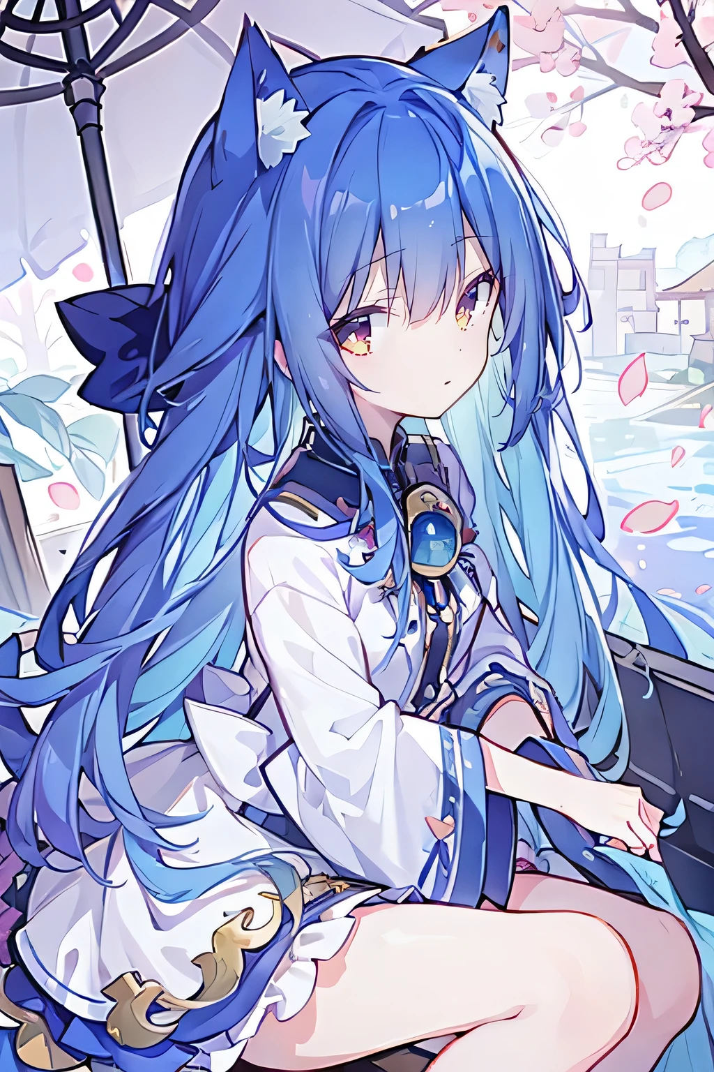 (masterpiece:1.2),Super detailed,lifelike,Expressive eyes,fair skin,perfect face shape,1 girl,
Japanese comics,Gorgeous blue hair,flowing blue hair,flowing clothes,Cat ears,Petals fall,beautiful lola,Baby Angel,
Shaking head with one hand,Cross your legs,,The pavilion is cool and comfortable,smile,back views,sunrise,Petals fall