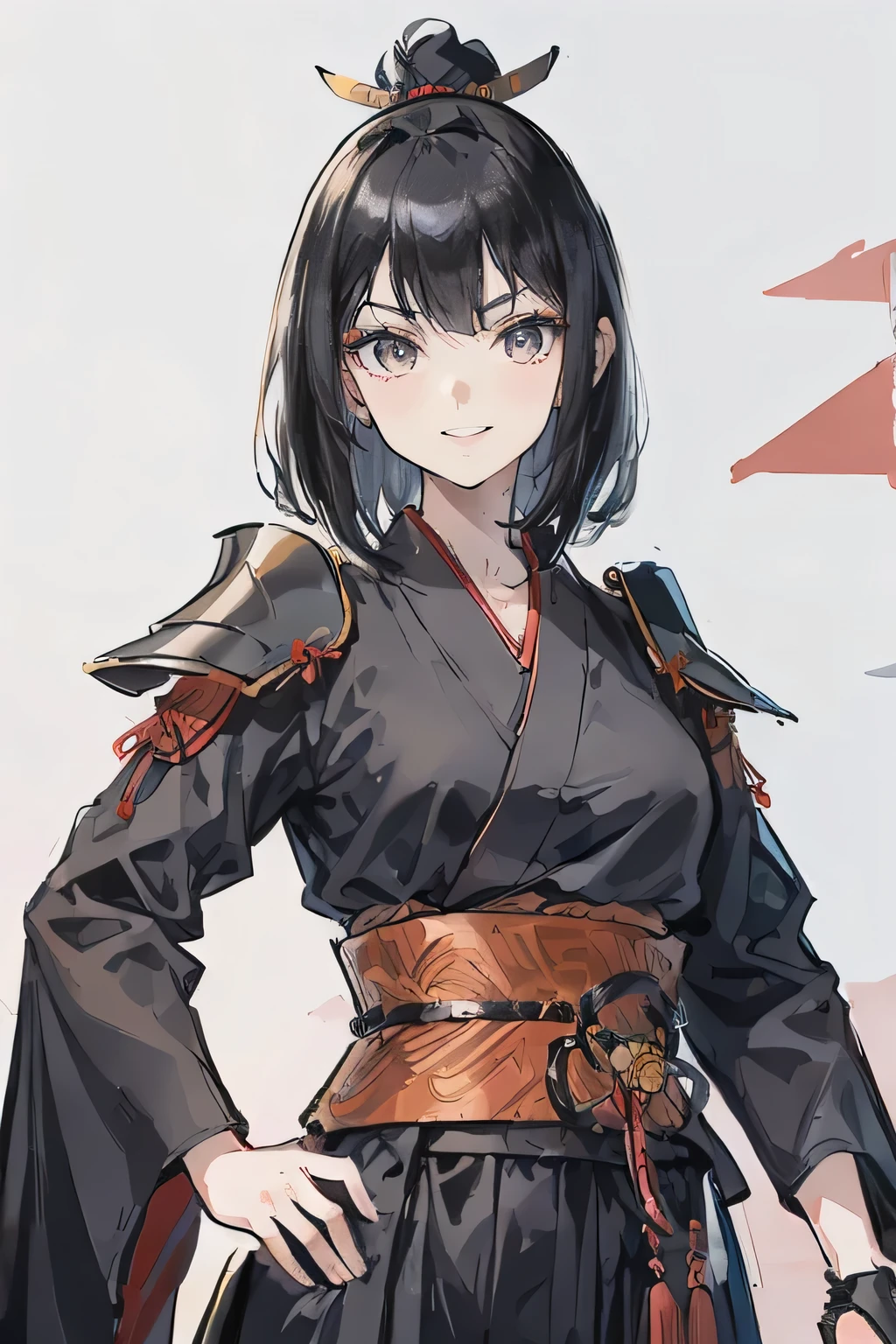 Himegirls, a black  haired , wearing a black samurai armor, ninja armor, slim body, black shirt ornament, hakama, tall 165cm, 21yearold, samurai, katana, female, beautiful, smile, vilian face, sexy