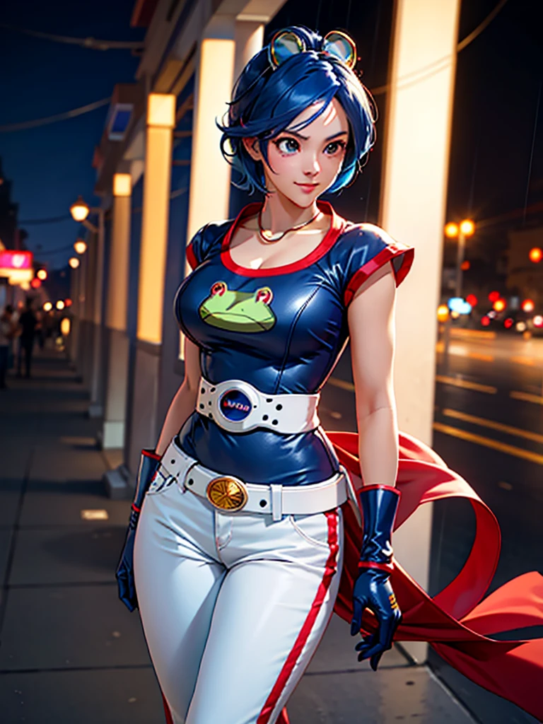 (at night), in a video game scene a background of a beautiful city during the day raining, standing at attention, semi-short blue hair, blouse with an anime frog face, white flared pants, wears blue exercise gloves, has round goggles on her head, WEARS a RED scarf around her neck, huge belt with a round shawl, ((blue hair)), 1 girl, alone, 20 years old, young woman, perfect hands, beautiful fingers, beautiful long legs, beautiful body , beautiful nose, beautiful character design, perfect face, looking at the viewer with serious gesture (focusing on his face), closed mouth, Light_Smile, official art, extremely detailed CG unity 8k wallpaper, perfect lighting, bright and colorful front lighting , shiny skin (masterpiece: 1.0), (best_quality: 1.0), ultra-high resolution, 4K, ultra-detailed photography, 8K, HDR, high resolution, nonsense:1.2, Kodak portra 400, film grain, blurred background, bokeh: 1.2, lens flare, (vibrant_color:1.2), professional photography, (beautiful_face: 1.5), (narrow waist),
