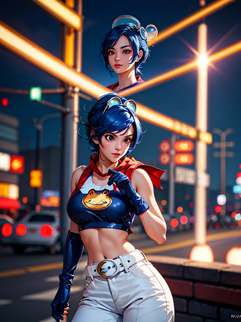 (at night), in a video game scene a background of a beautiful city during the day raining, standing at attention, semi-short blue hair, blouse with an anime frog face, white flared pants, wears blue exercise gloves, has round goggles on her head, WEARS a RED scarf around her neck, huge belt with a round shawl, ((blue hair)), 1 girl, alone, 20 years old, young woman, perfect hands, beautiful fingers, beautiful long legs, beautiful body , beautiful nose, beautiful character design, perfect face, looking at the viewer with serious gesture (focusing on his face), closed mouth, Light_Smile, official art, extremely detailed CG unity 8k wallpaper, perfect lighting, bright and colorful front lighting , shiny skin (masterpiece: 1.0), (best_quality: 1.0), ultra-high resolution, 4K, ultra-detailed photography, 8K, HDR, high resolution, nonsense:1.2, Kodak portra 400, film grain, blurred background, bokeh: 1.2, lens flare, (vibrant_color:1.2), professional photography, (beautiful_face: 1.5), (narrow waist),
