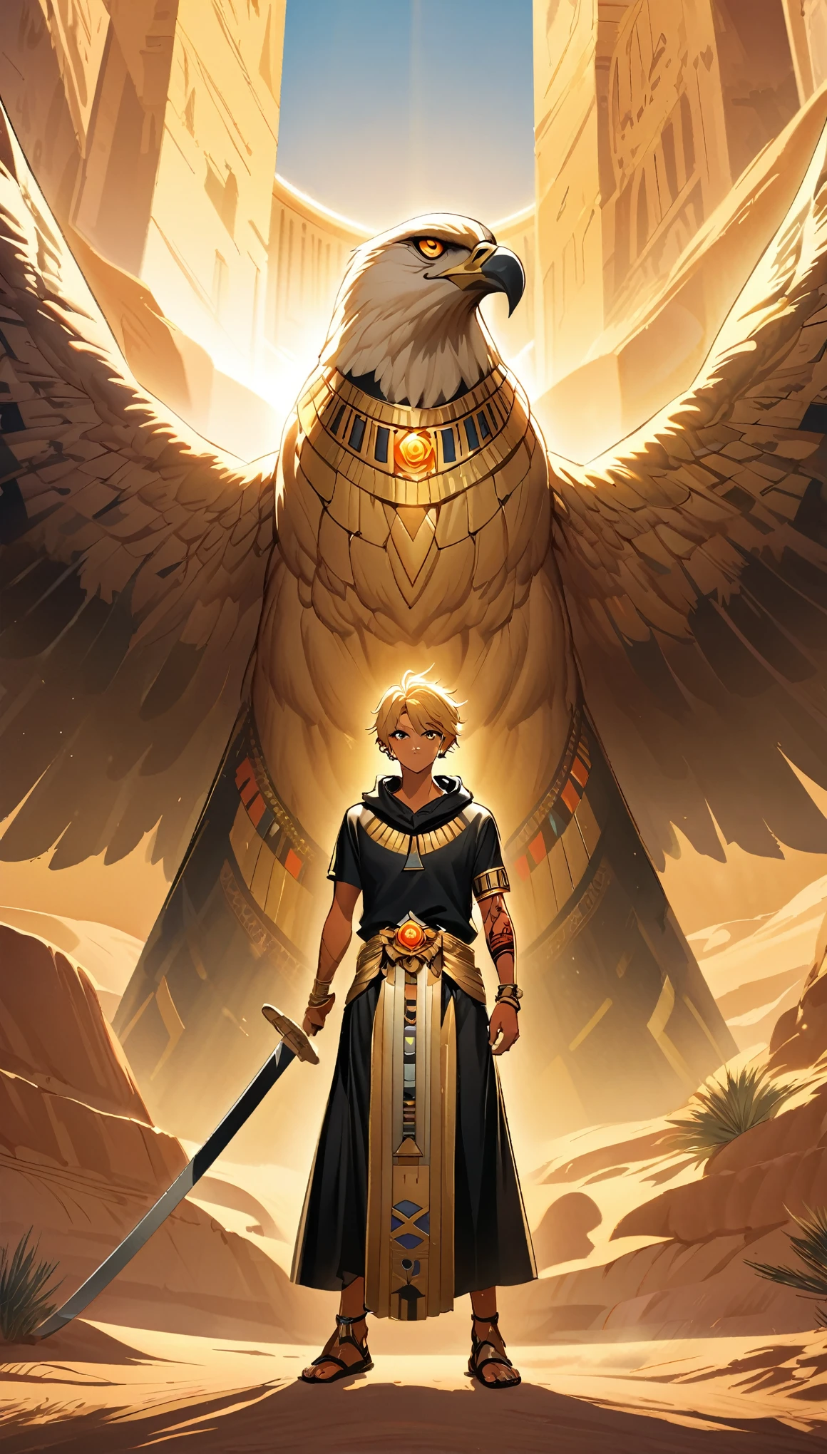 Desert Background,Handsome young man, blond, Orange Eyes, short hair, Black Hoodie,high quality, Draw Amount, pixiv illustrations,Tanned skin,Red tattoo on the arm,(Egyptian style,Egyptian Dress Up),sword,earrings,Sunlight,((Vision)),huge eagle,full-body shot