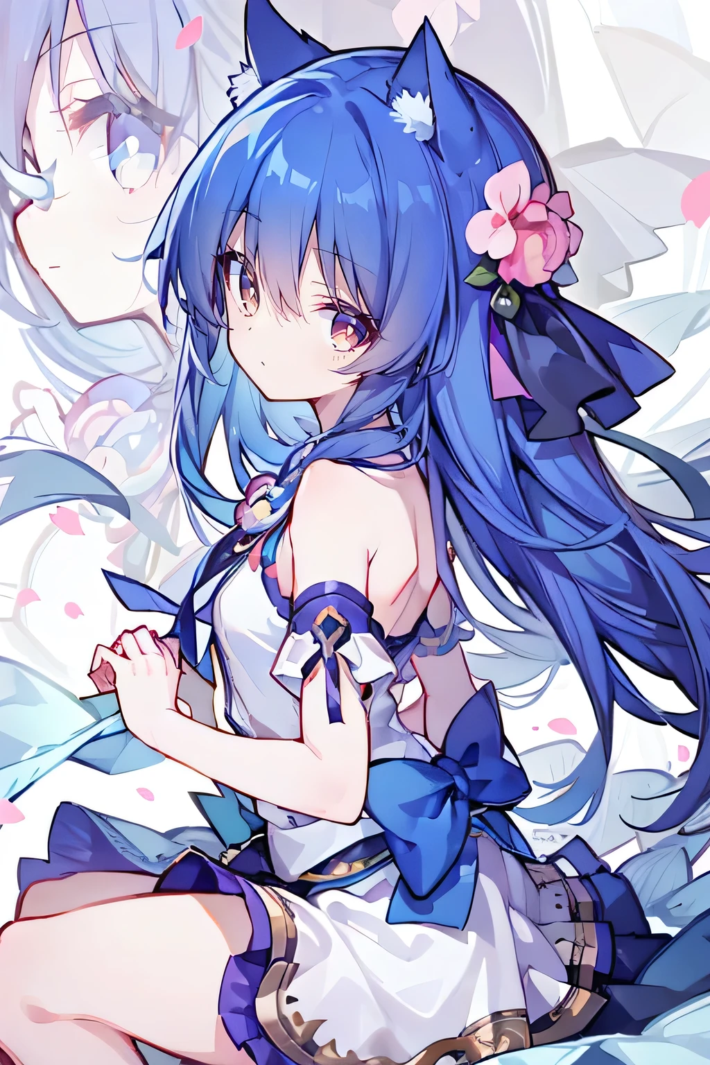 (masterpiece:1.2),Super detailed,lifelike,Expressive eyes,fair skin,perfect face shape,1 girl,
Japanese comics,Gorgeous blue hair,flowing blue hair,flowing clothes,Cat ears,Petals fall,beautiful lola,Baby Angel,
Shaking head with one hand,Cross your legs,,The pavilion is cool and comfortable,smile,back views,sunrise,Petals fall