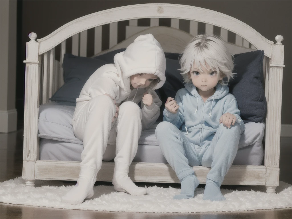 an anime image of a small boy with white hair wearing a thick diaper underneath fox hoodie-footie pjs, hoodie-footie pjs, sleeping in a crib, nursery, (1boy), adorable, masterpiece, extremely detailed, beautiful eyes, sharp focus, vivid colors, studio lighting, intricate details, soft textures, cozy atmosphere, high quality, hood down,