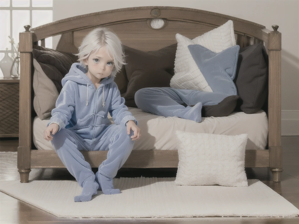 an anime image of a small boy with white hair wearing a thick diaper underneath fox hoodie-footie pjs, hoodie-footie pjs, sleeping in a crib, nursery, (1boy), adorable, masterpiece, extremely detailed, beautiful eyes, sharp focus, vivid colors, studio lighting, intricate details, soft textures, cozy atmosphere, high quality, hood down,
