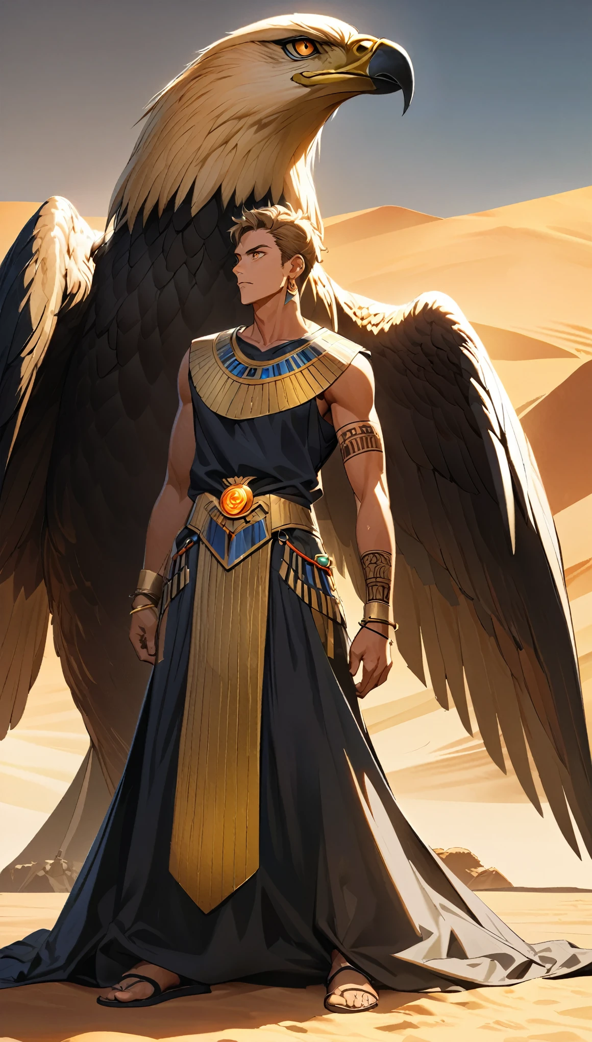 Desert Background,Handsome young man, blond, Orange Eyes, short hair, Black Hoodie,high quality, Draw Amount, pixiv illustrations,Tanned skin,Red tattoo on the arm,(Egyptian style,Egyptian Dress Up),sword,earrings,Sunlight,((Vision)),huge eagle,full-body shot