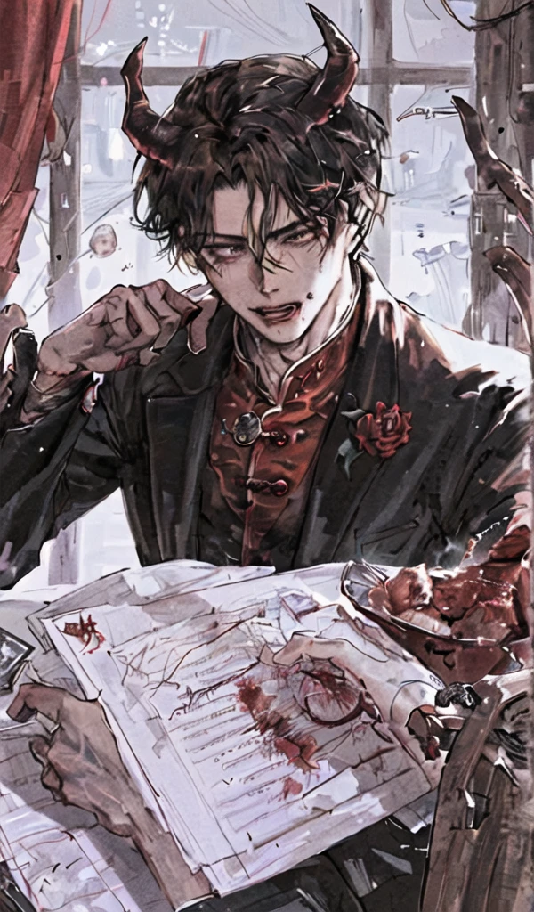 1 men,portraite, messy big hair, Bblack hair, reddish brown eyes, Beautiful Mouth, Caucasian skin, vampire appearance, demon horns,bloodthirsty dark, serious,brawny,demonic,Cao Cao,cyberpunk