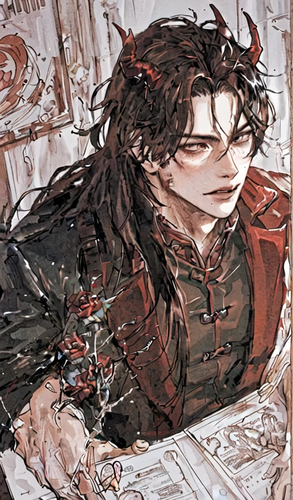 1 men,portraite, messy big hair, Bblack hair, reddish brown eyes, Beautiful Mouth, Caucasian skin, vampire appearance, demon horns,bloodthirsty dark, serious,brawny,demonic,Cao Cao,cyberpunk