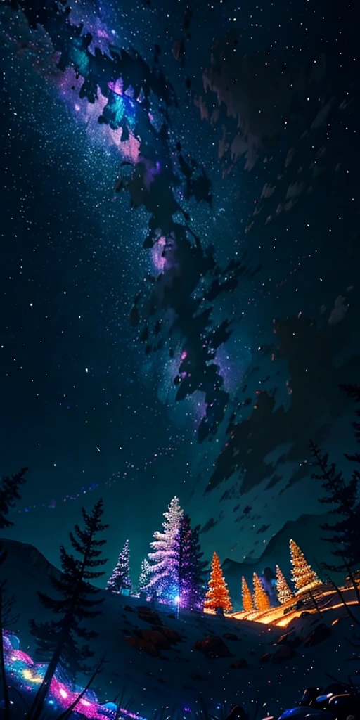 Vast landscape photography, (View from below。I can see the sky and the wilderness below.), , (full moon: 1.2), (shooting star: 0.9), (nebula: 1.3), Distant Mountain, Treebreak Production Art, (Warm light source: 1.2), (fire Fly: 1.2), lamp, Purple and Orange, Intricate details, Volumetric Lighting Break (masterpiece: 1.2), (Highest quality ), 4K, Very detailed, (moving composition: 1.4), Extremely detailed and colorful (Iridescent: 1.2), (Sparkling Lights, Atmospheric lighting), dream-like, Magic, (alone: 1.2)