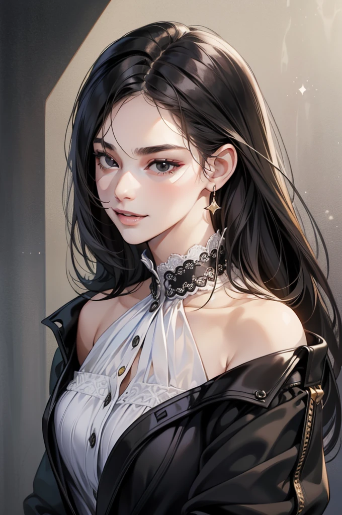 Masterpiece, best quality, realistic, 1woman, smug and mischievous pretty young woman, 16 years old, ((close mouth)), extremely detailed, a little distance, portrait, ((black eyes)), ((straight no bang black hair)), 4K, evil look. Thick eyebrow, smirk