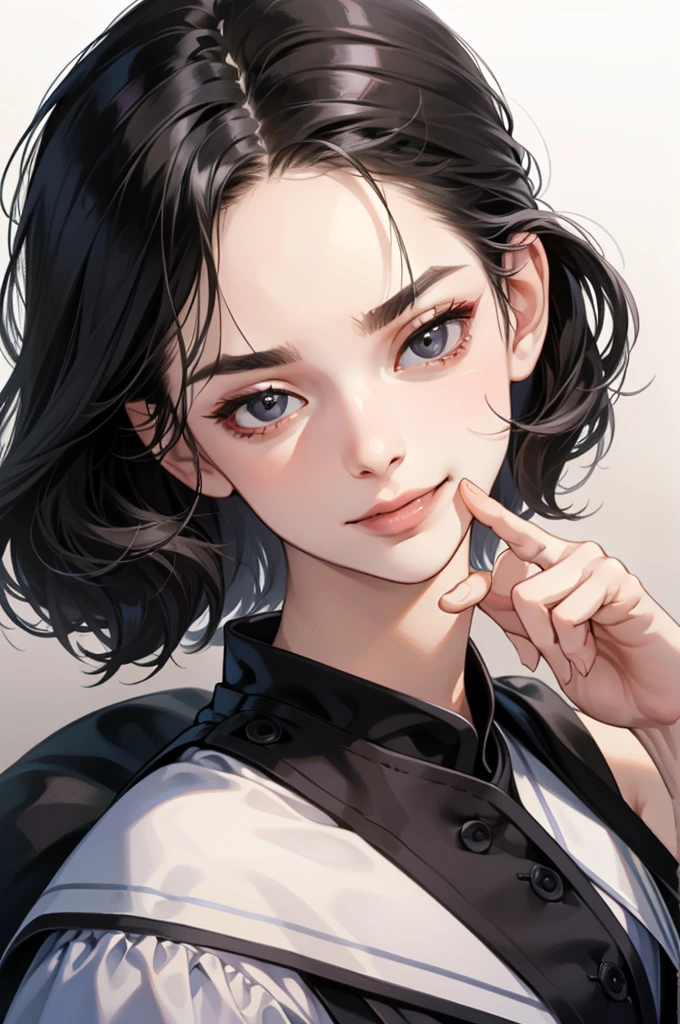 Masterpiece, best quality, realistic, 1woman, smug and mischievous pretty young woman, , ((close mouth)), extremely detailed, a little distance, portrait, ((black eyes)), ((straight no bang black hair)), 4K, evil look. Thick eyebrow, smirk