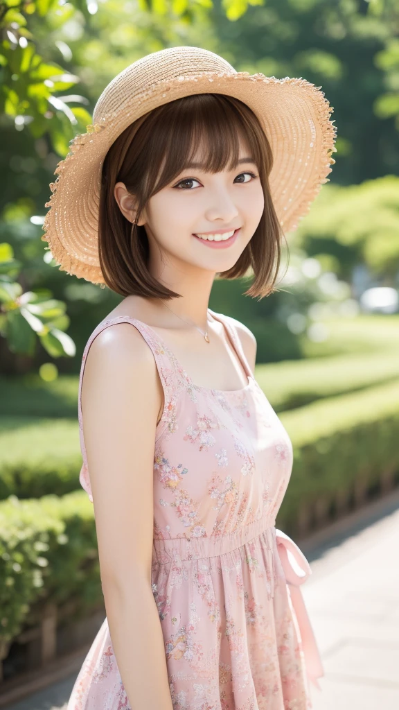 Ultra-high resolution, Superior Quality, Highest quality, Very detailed, Realistic, 8k, RAW Photos, Highest quality, masterpiece, Attractive girl, Awesome girl, Brown Hair, Shoulder-length layers, Asymmetrical bangs, K-POPアイドル, Sophisticated, stylish, Pink dress、Straw hat、Shibuya Ward, Short Hair、Park Background、The best smile