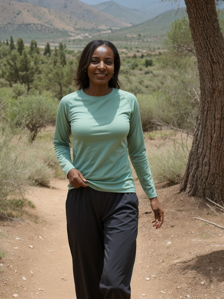 Amira, 1girl, solo, ((Sudanese woman)), consistent face and body, ((MILF)), ((50 years old)), (mature), ((slim)), ((Sudanese face)), (Sudanese nose), (Sudanese lips), short hair, upper body and upper legs, (background: Rif Mountains in Morocco), BREAK, (wearing stylish Comfortable hiking clothes, including long-sleeve shirts and trousers to protect against insects and the sun)